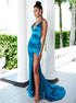 Mermaid Spagehtti Straps Blue Satin Prom Dress with Slit LBQ3682